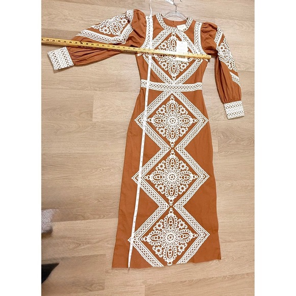 Sézane Calitta Embroidered Midi Dress Caramel Ecru Boho French Chic - Picture 7 of 8